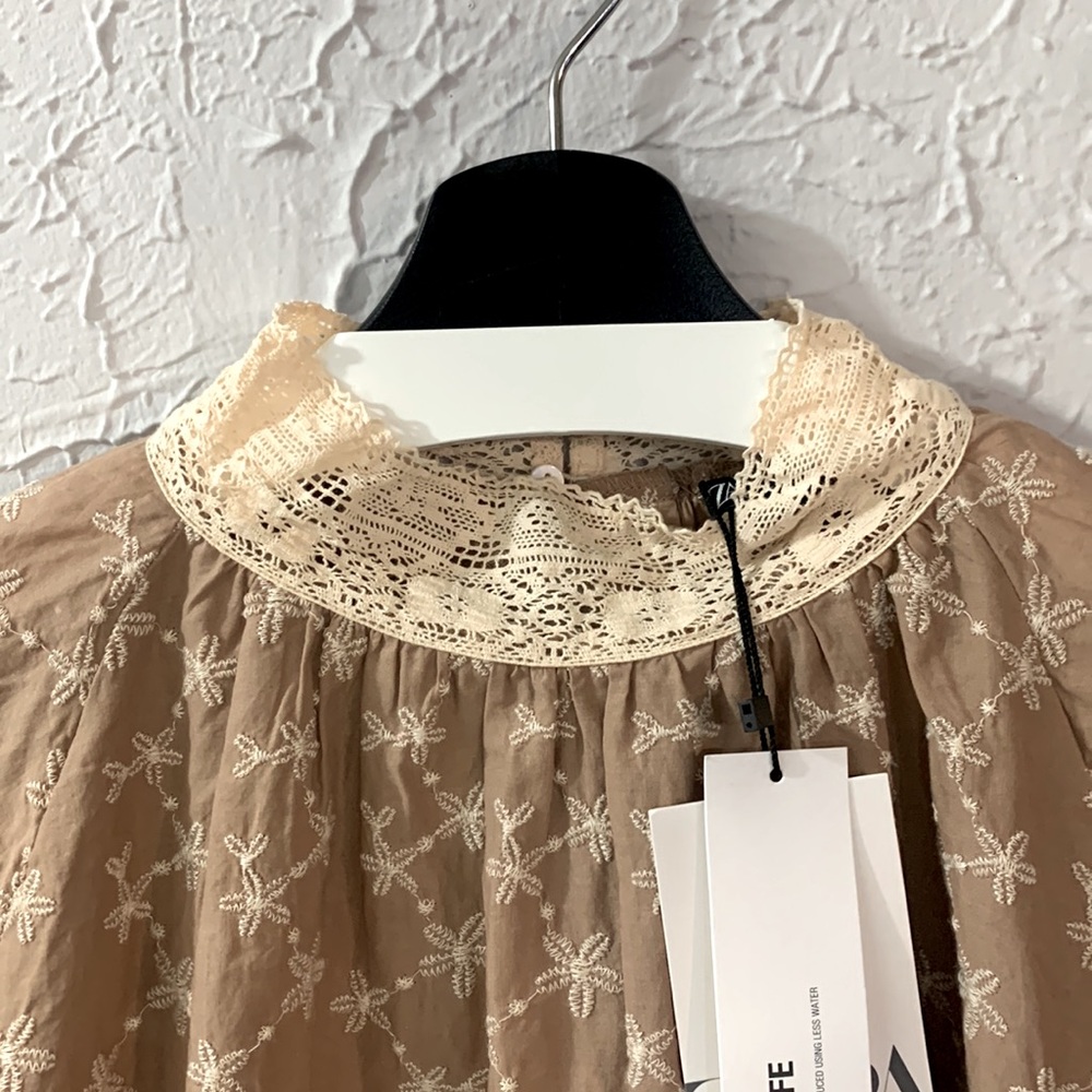 ZARA NEW Embroidered Blouse Beige Tan Small Button Cuffs Romantic Victorian - Picture 4 of 15